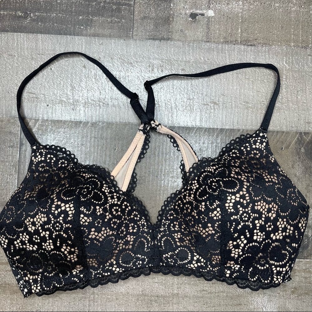 Aerie Black Lace Overlay Racerback Bra 32C